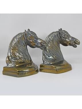 VTG Horse Stallion Mustang Head Equestrian Pair Bookends Metal Brass Silver MCM